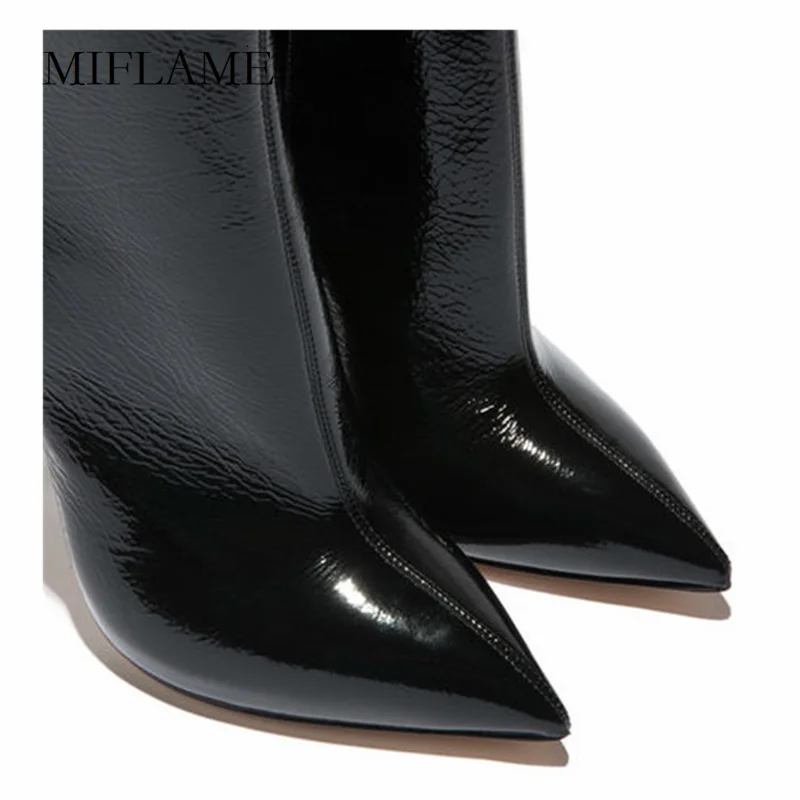 

2020 New Women Concise Solid Patent Leather Shoes Winter Pointed Toe Office Lady Ankle Boots Side Zipper Thin Heels Safety Boots