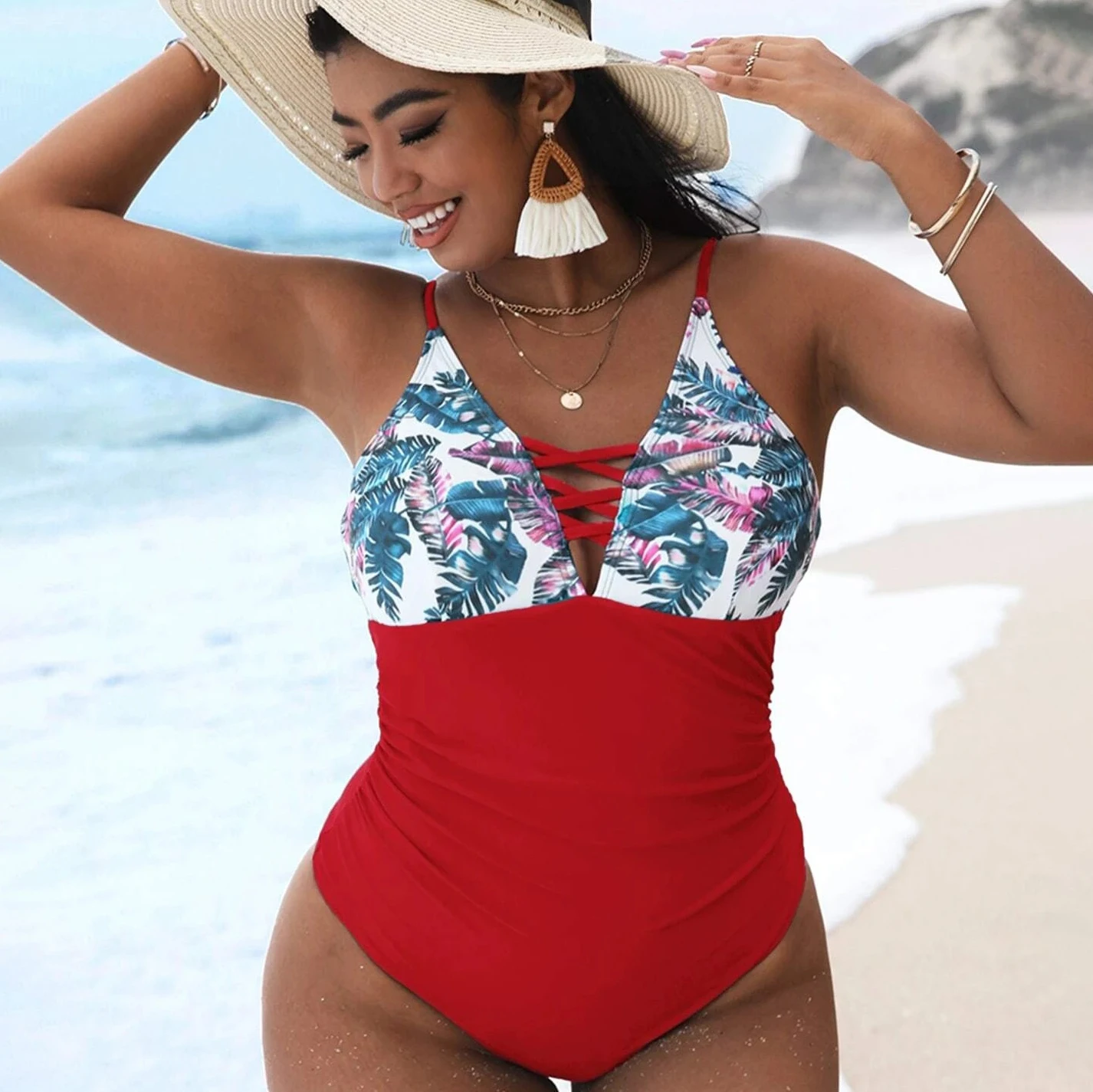 

Brazilian Style Women‘s Plus Size Bikini Printing Pleated One Piece Swimsuit Hollow out Straps Swimwear Swimming Beach Summer