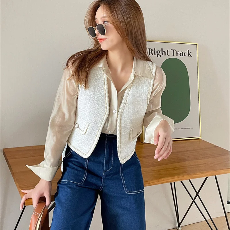 

Элегантный твидовый жилет с V-образным вырезом, модные шерстяные твидовые короткие куртки без рукавов с двумя карманами, женская повседневн...