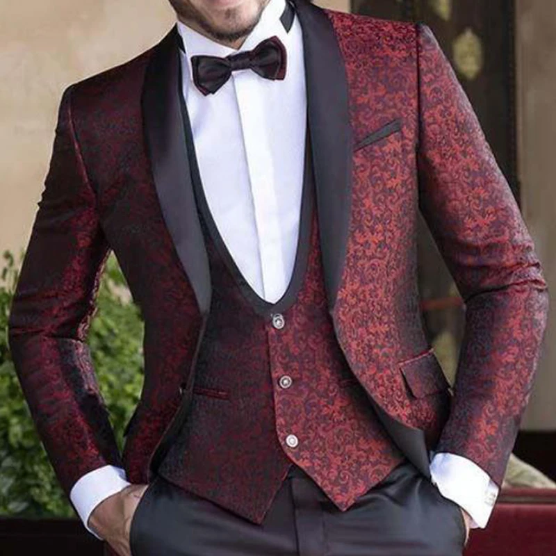 

Esmoquin Floral De Jacquard Para Hombre, Traje De 3 Piezas, Chaqueta, Chaleco Con Pantalones Negros, Chal, Solapa, Ropa De Moda