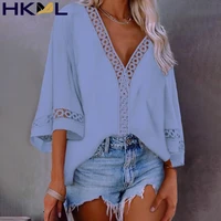 summer womens solid patchwork lace hollow out deep v neck blouse half sleeve chic loose casual blouses
