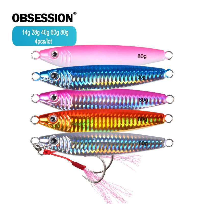 

OBSESSION 4pcs 14g 28g 40g 60g 80g S Shape Slow Fall Jigging Lure Assist Twin Hooks Micro Fishing Lure Casting Hard Bait Tackle