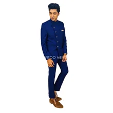 Royal Blue Arab Indian Style Men Suits Slim Fit 2 Piece/Stand Collar Coat &Pants/Wedding Best Man Groom Clothing/Formal Male Set (1)