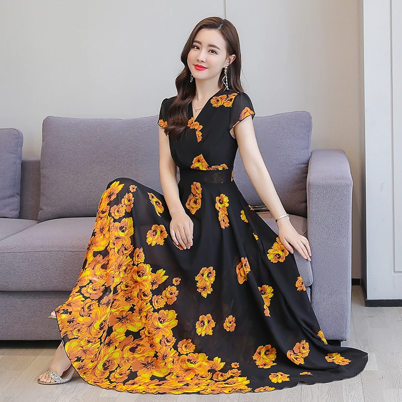 Шифоновое платье с принтом в богемном стиле длинное пляжное для праздника и