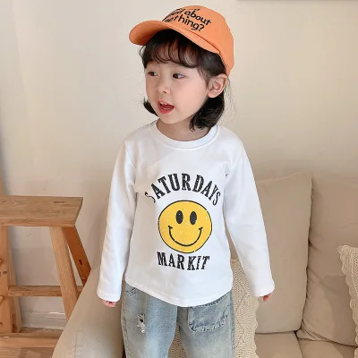 

2021 Spring New Children's Cotton T Shirt Girls Smiley Print Casual T-shirt Children's Cotton Long-sleeved O-neck Top Tees 2-6Y