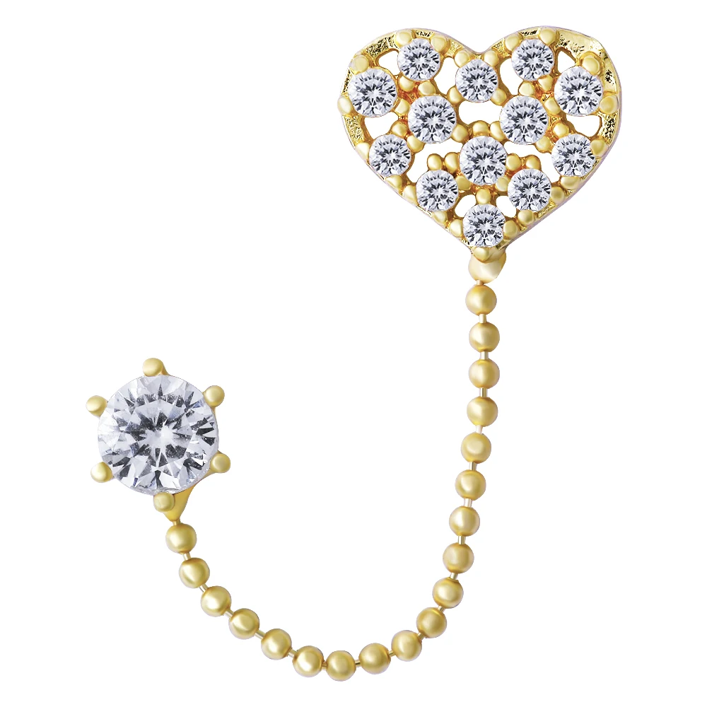 

LuReen 1 Pc Fashion Gold Heart Stud Earring Iced Out Double Pierced Metal Chain Earrings Crystal Crown Girls Ear Rings Jewelry