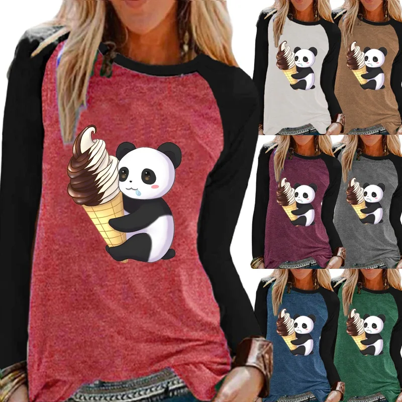 Фото Женская рубашка с длинным рукавом круглым вырезом и принтом панды размера плюс |