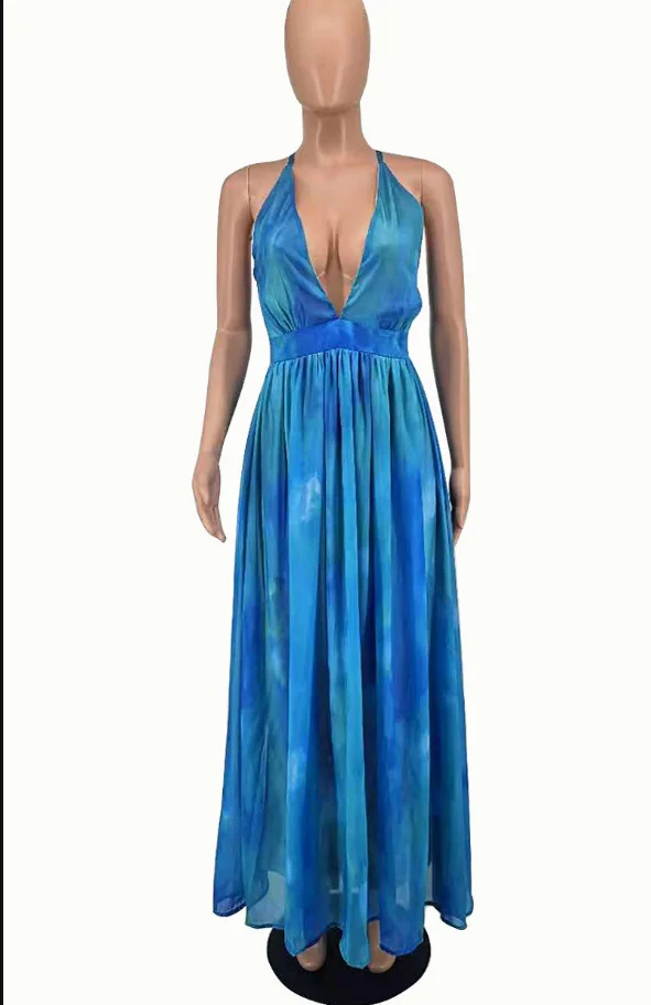 

Bohemian Style Women Sexy Deep V-neck Floor-Length Dresses 2021 Summer Charming Backless Sleeveless High Waist A-line Dress