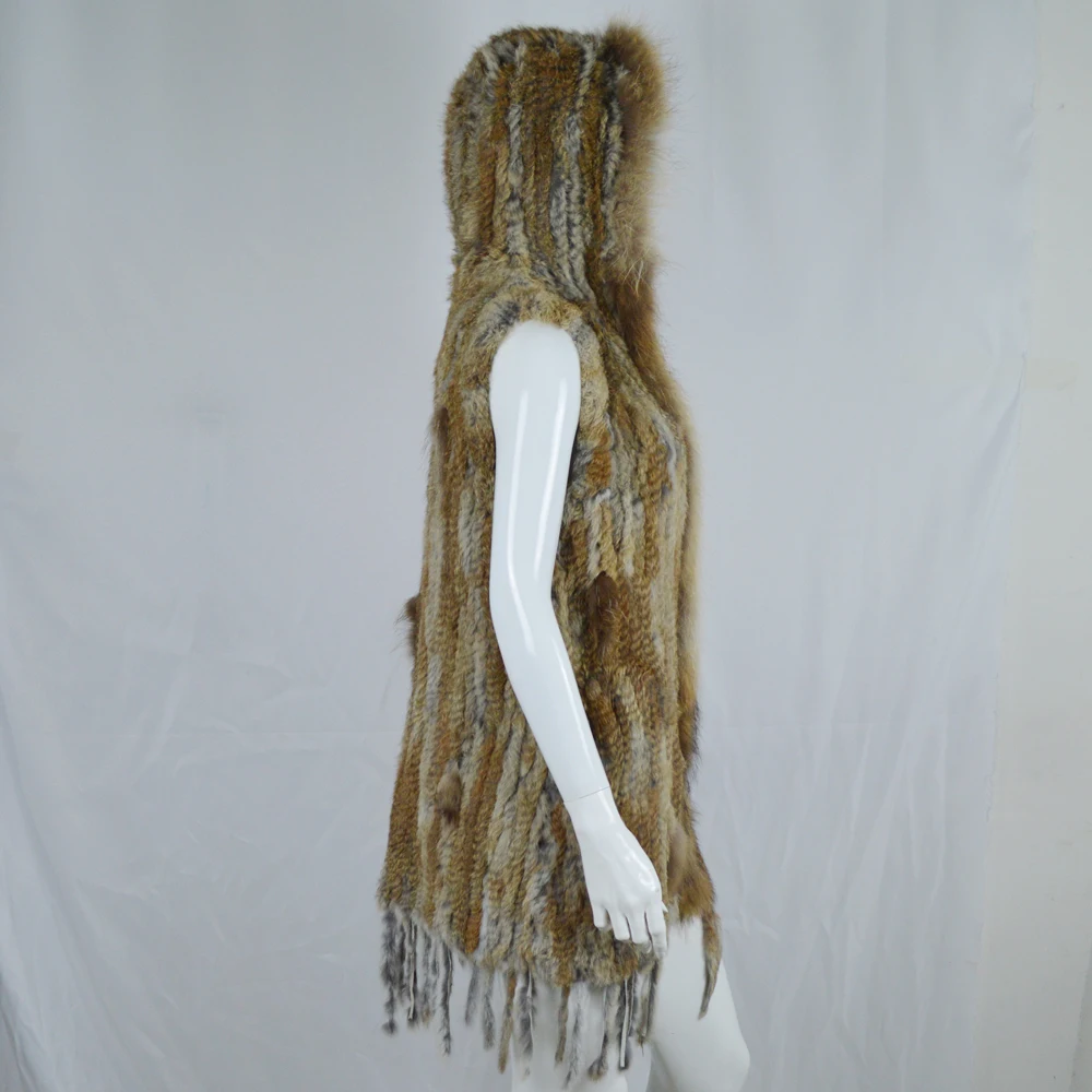 2020 Women Hooded Knitted Real Rabbit Fur Vests Genuine Long Gilet With Tassels Raccoon Collar Rabbitt Coat | Женская одежда