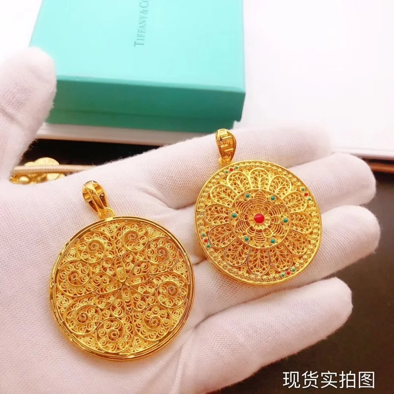 

OMHXFC Wholesale YM424 European Fashion Fine Woman Man Party Birthday Wedding Gift Vintage Round Flower 24KT Gold Pendant Charm