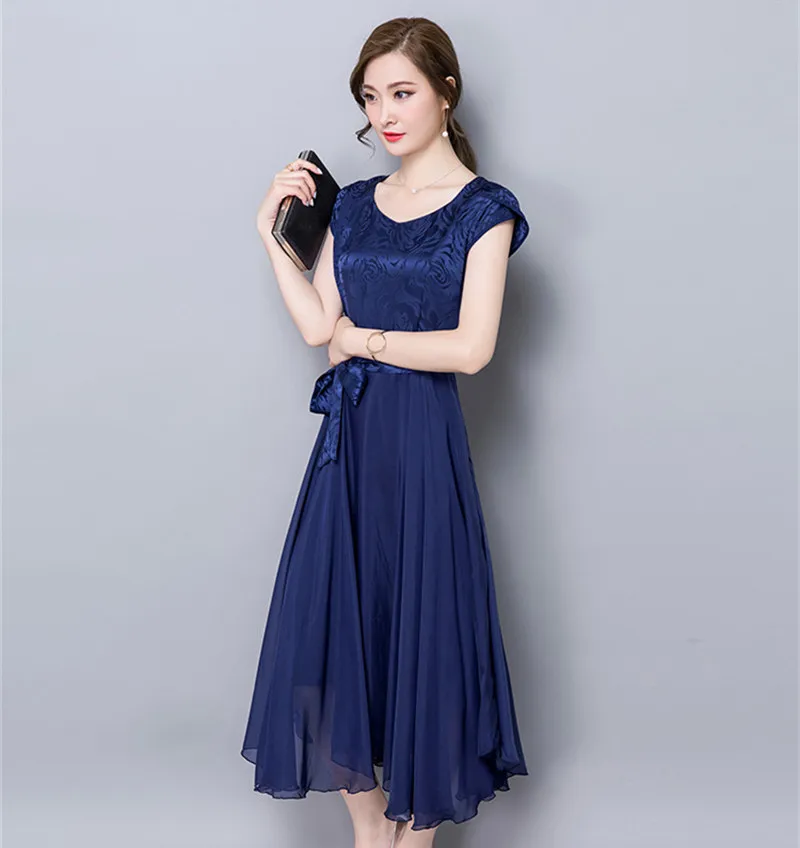 Элегантное Шелковое летнее платье с коротким рукавом синее Повседневное