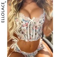 ellolace floral lingerie womens underwear sexy push up underwire lace erotic bra brief sets thongs 2 piece white intimate