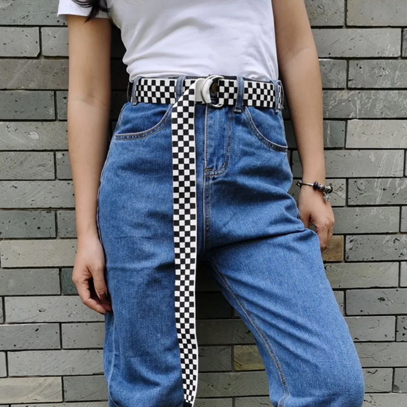 Fashion Casual Canvas Belt Harajuku Punk Printing D Ring Buckle Long Waist Strap Trouser Jeans Women Men Youth Waistband White