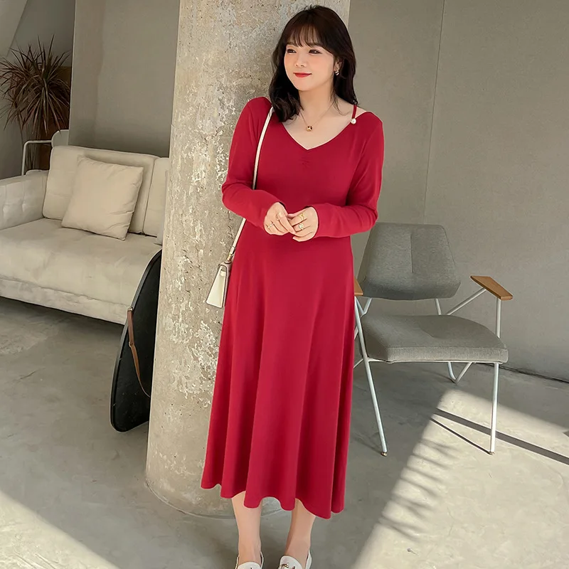 

2021 Oversized Red Spring Long Sleeve Dresses for Women Casual Female V-Neck Long Maxi Dress with Pearl Plus Size Women Clothing