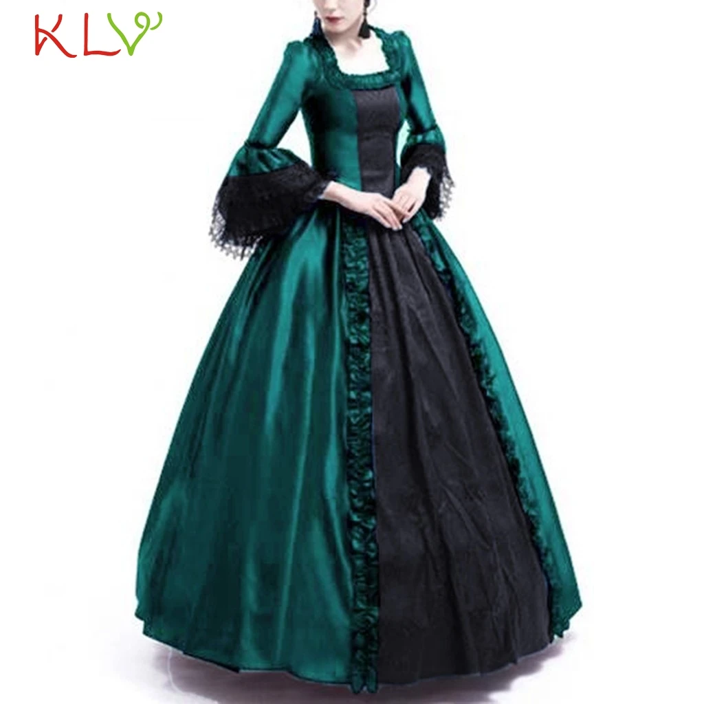Женское винтажное кружевное платье готическое длинное бальное зеленого и
