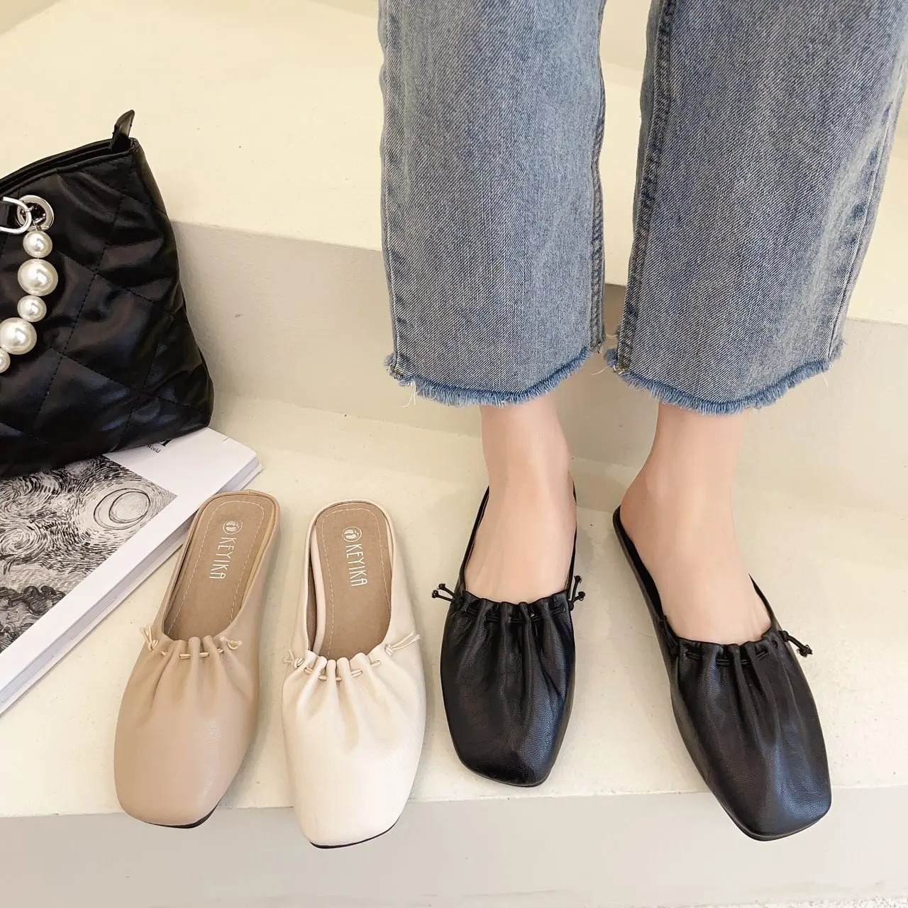 

Female Shoes Low Slippers Casual Loafers Mules For Women 2021 Slides New Luxury Soft Summer Flat Basic PU Fashion Rubber Bonded