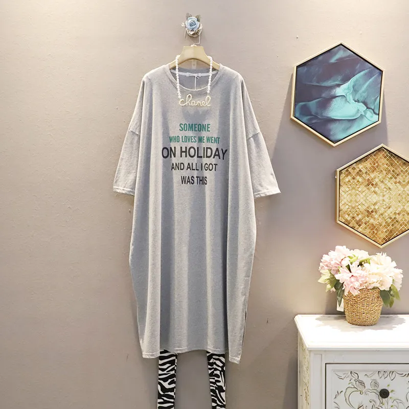 

Qooth Casual Letter Printed Oversized Shirt Dress Summer O-neck Short Sleeve Loose Mid-length Dress Pullover A-line Dress QT714