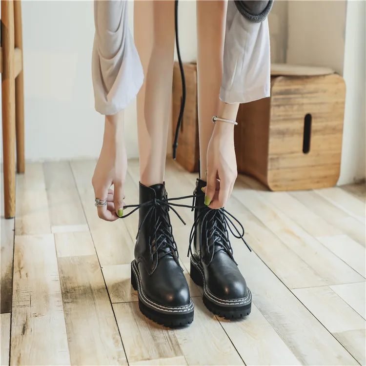 YMECHIC/женские байкерские ботинки на каблуке столбике со шнурками и боковым замком