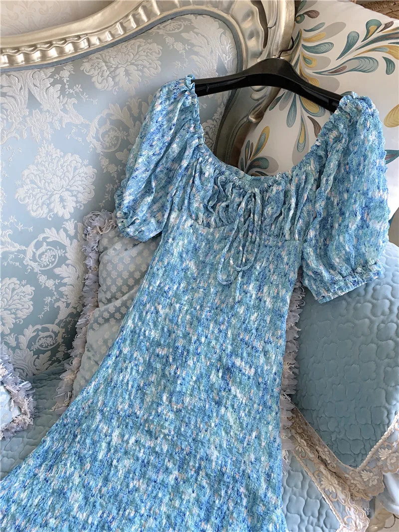 

Woman Dress Half Puff Sleeve Suare-collar Elegant tie-dyed Lace-upVestidos Ankle-Length Casual A-line Dresses