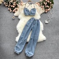2 two piece set women tracksuit sets sexy summer bow tie denim bra crop tops high waist cargo jeans pants suits outfits new