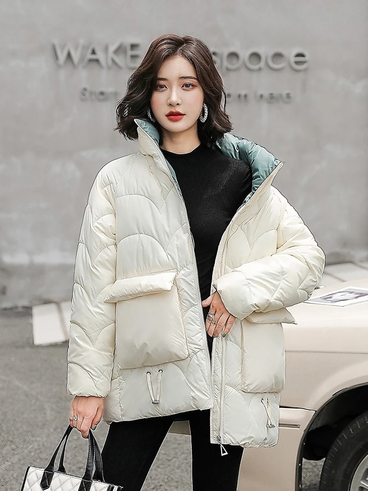 2021 Winter Solid Color Cotton Padded Parka Women Long Korean Lightweight Jacket Stand Collar Loose Big Pocket Winter Warm Coat