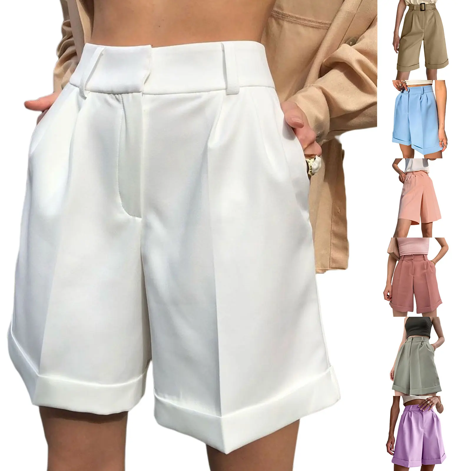 

Fall New Fashion Casual Shorts Women's High Waist Straight Leg Shorts Solid Color Loose Style Slim Five-Point Short with Pockets