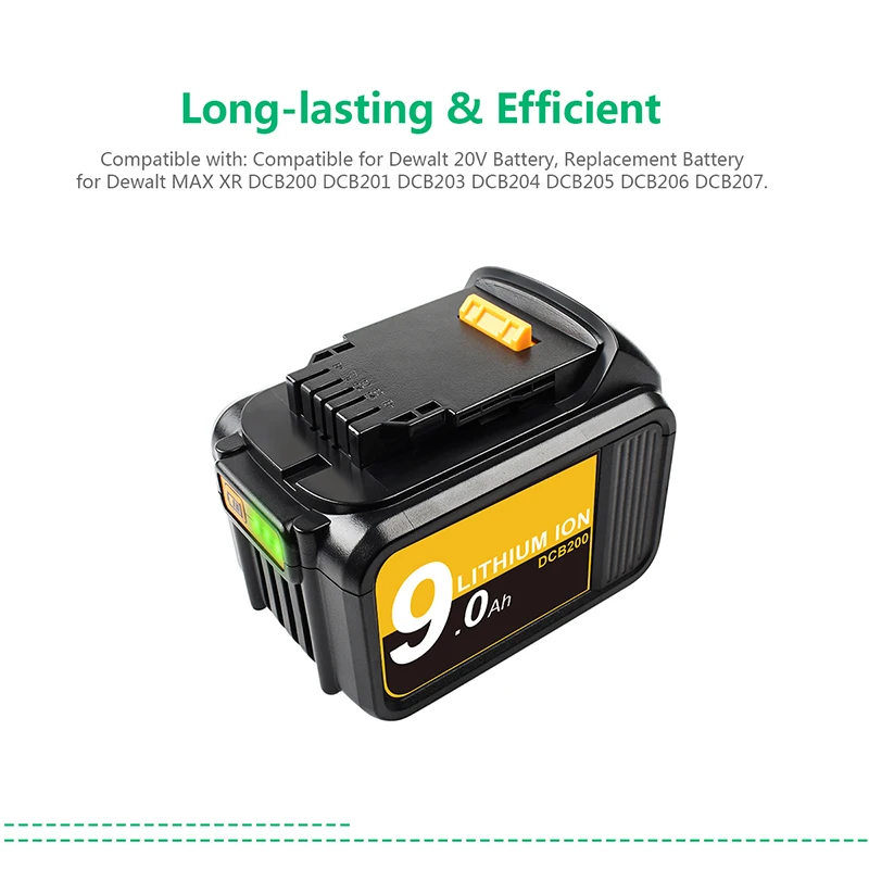 Аккумуляторная батарея для DCB200 9.0Ah 18V 20V литий ионная Dewalt DCB180 DCB181 DCB182 DCB201 DCB204 2