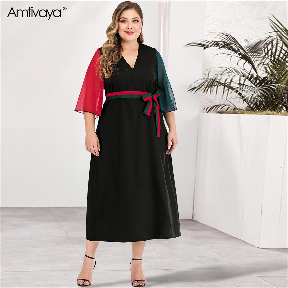 

Amtivaya Plus Size Midi Dress Spring Summer 2020 Fashion Hit Color Patchwork V Neck 3/4 Sleeve Large Size Women Dresses Black