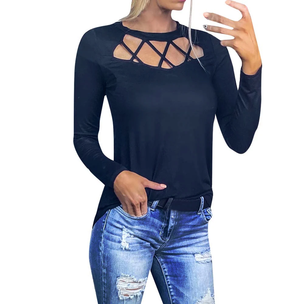 

Autumn Women Top Long Sleeve T Shirt 2020 Solid Fashion Hollow Out Loose T Shirt Female Women Clothing Spring Top