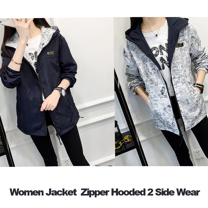 

Plus Size Spring Autumn Women Jacket Pocket Zipper Hooded Two Side Wear Outwear Loose Fashion Coat Windbreaker Famale Clothing