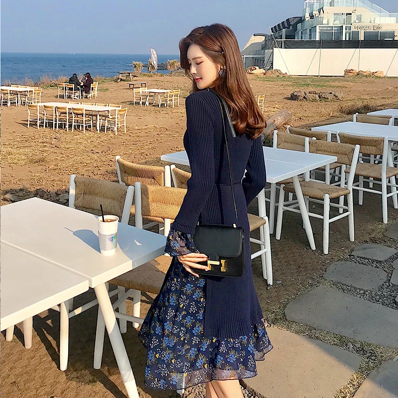 Женские вязаные платья на осень и зиму эластичные кружевные лоскутные с длинным