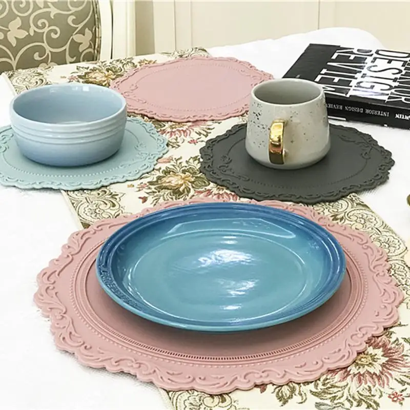 

35cm Silicone Placemat Round Flower Tableware Non-Slip Tablemat Coaster Kitchen Washable Cup Pad Heat Insulation Pad for Kitchen