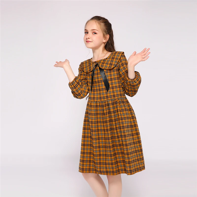 Kseniya Kids Wholesale Peter Pan Collar Bow Plaid Girl Dress Long Sleeve For 2 to 9 Years
