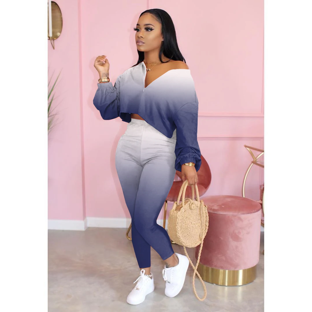 

Ladies Temperament Clothes Suit Women Summer Autumn Fashionable Gradient Color Long Sleeve Short Top + Casual Long Pants Set