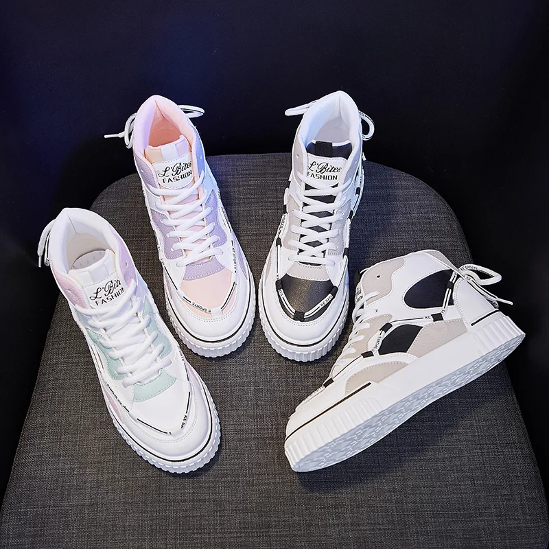 

FDWERYNH Summer Women Casual Shoes High-top Leather Platform Shoes Women Sneakers Platform Wedge Zapatos Casuales De Mujer White