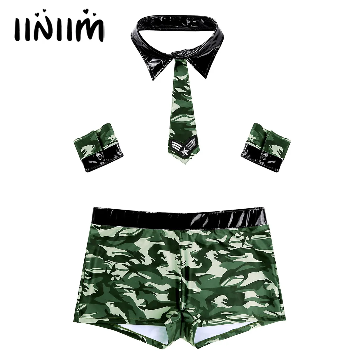 

Men Cosplay Costume Camouflage Printed Patent Leather Patchwork Lingerie Nightwear Elastic Waistband Boxer Shorts Necktie Cuffs