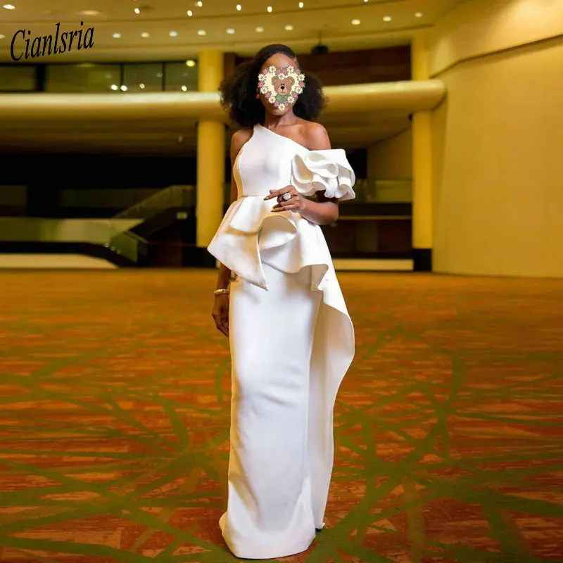 

Elegant One Shoulder African Sheath Long Evening Dress Sleeveless Ruffles Pleat Short Sleeve Formal Evening Party Dresses