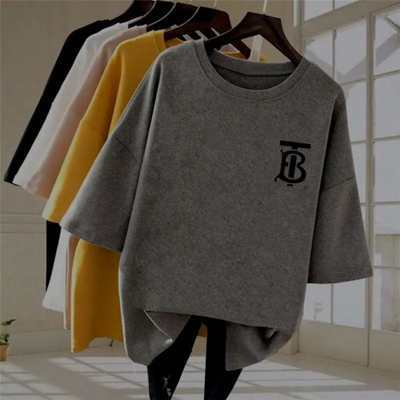 

Large size women's sanding padded short sleeve T-shirt women's loose Korean version of slim letter printed jacket women Joker