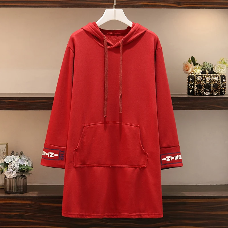 Red XL-5XL плюс размер женский хлопковый свитер платье осень зима уличная мода длинный рукав Свободные повседневные длинные толстовки - Цвет: Red