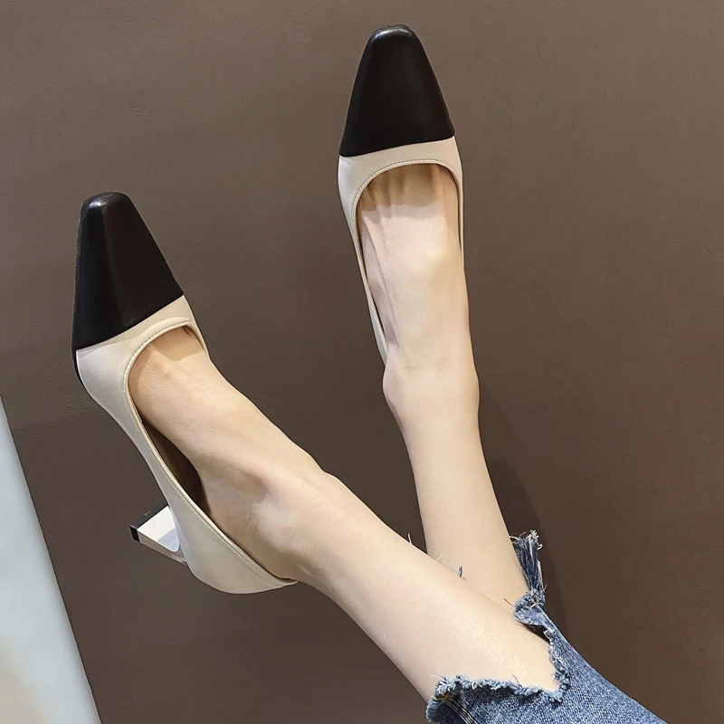 

MIYEDA Office Ladies Pumps Spring Summer Women Fashion PU Mixed Colors Slip-On High Heel Square Toe Shallow Mature Shoes