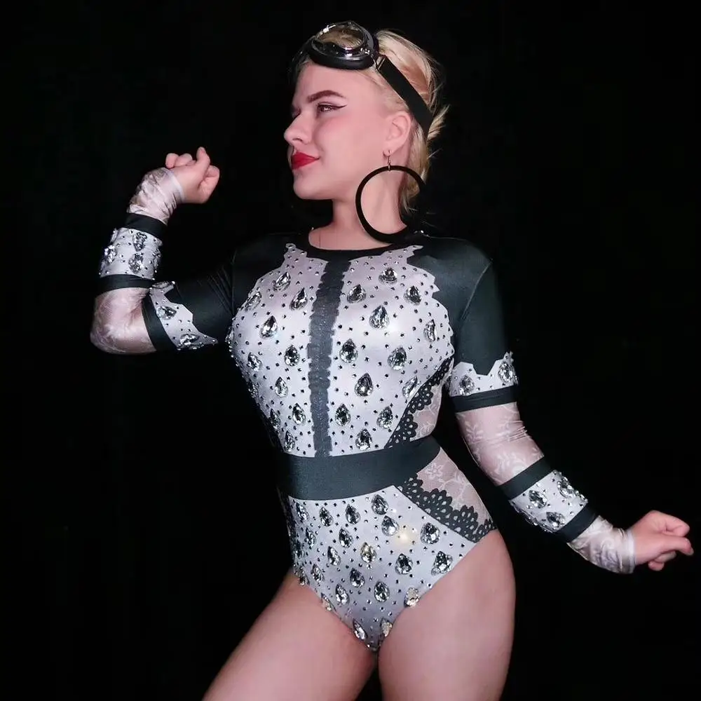 Big Rhinestones Long Sleeve Bodysuit Elastic Crystals Bodysuits Bar Nightclub DJ Singer Dancer Tight Costume Leotard Stage Wear