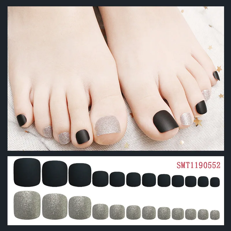 

24pcs Double Color Candy Artificial Fake Toe Nails Silver False Toenails For Design DIY Foot Tip Shiny 2021 Manicure Tool Z1043