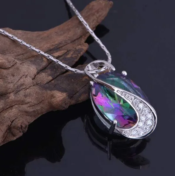 Luckyshine New Arrive Oval Fire Rainbow Created Stone Silver Plated Wedding Chain Necklaces Russia USA Canada Pendants | Украшения и