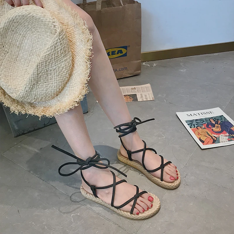 

Gladiator Sandals For Girls Roman Flats Sandals Women 2021 Summer Bohemian Beach Shoes Woman Ankle Lace-up Sandal Flip Flops