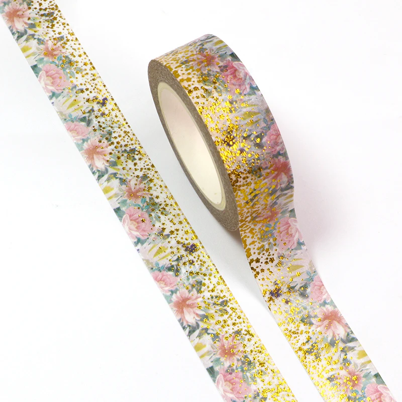 

1PC 15MM*10M Foil Spring Gold Dot Pink Flowers Leaves Decorative Washi Tape Scrapbooking Masking Tape School Office Supply