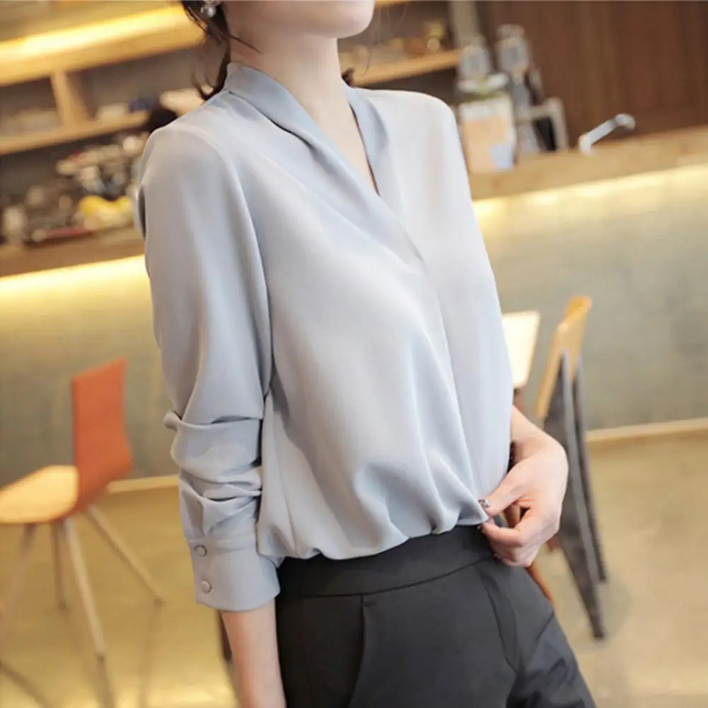 

2021 New Women's shirt Loose Tops Solid Color All-matched Polyester V-neck Office Chiffon Shirts Women's Clothing-