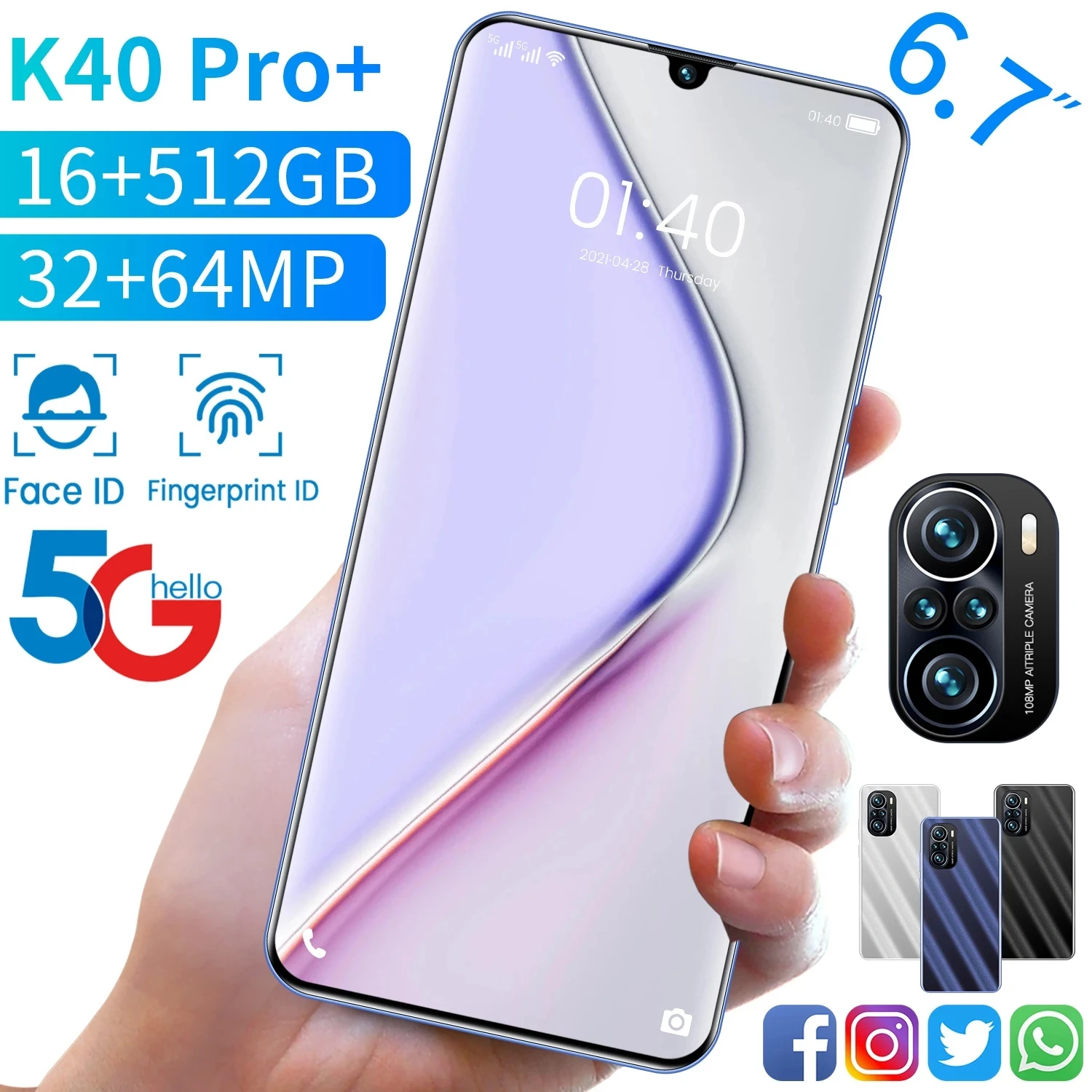

K40 Pro+ Global Version 5G Smartphone MT6889 Deca Core Mobile Phone 6.7'' HD Full Screen Phone 256/512G 64MP Cellphone 6000mAh