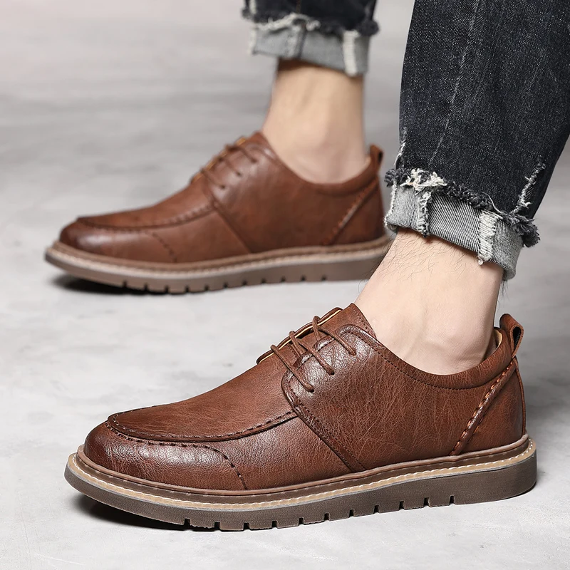 Кроссовки мужские кожаные на шнуровке удобные дышащие Повседневная Молодежная