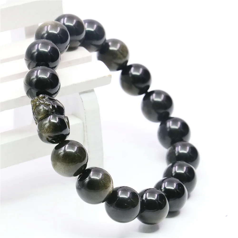 Браслет с натуральным круглым золотым песком обсидианом ювелирное украшение