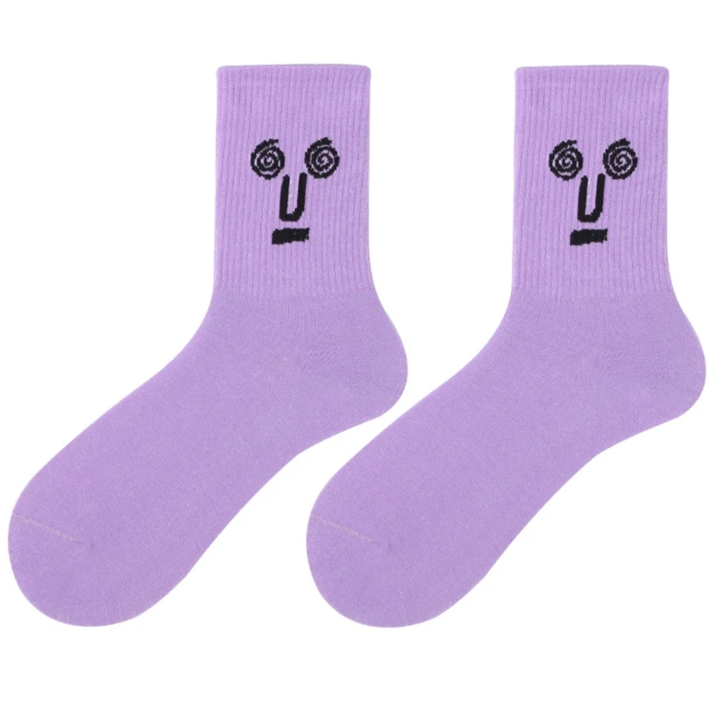 

2/5 Pairs Women Funny Cartoon Expression Crew Socks Solid Color Kawaii Stockings X5XD